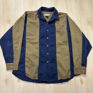 Vintage 90s Ash Creek Shirt Mens XL Blue Tan Stripe Long Sleeve Twill Button Up